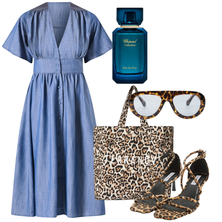 Outfit donna - Accessori animalier. Stile Bon Ton per Tutti i giorni. Abbinamento con profumi, sandali col tacco, borse tote, vestiti chemisier, occhiali da sole.