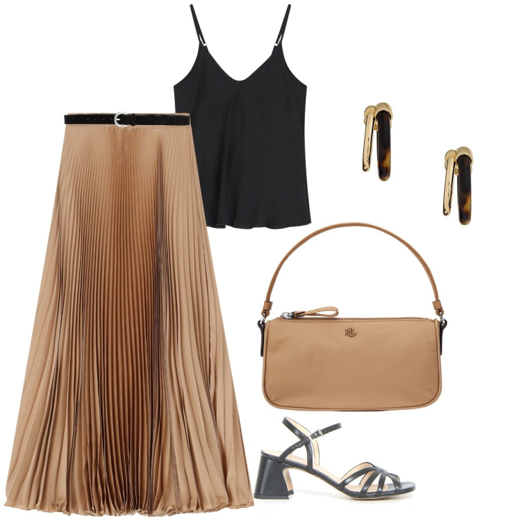 Outfit donna - Serata con le amiche. Stile Casual chic per Serata fuori. Abbinamento con cinture, gonne lunghe, top, orecchini, pochette, sandali col tacco.