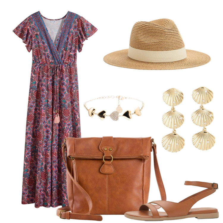 Outfit donna - Anni \'70. Stile Boho per Tutti i giorni. Abbinamento con vestiti lunghi, sandali in pelle, borse a tracolla, cappelli, orecchini, braccialetti.