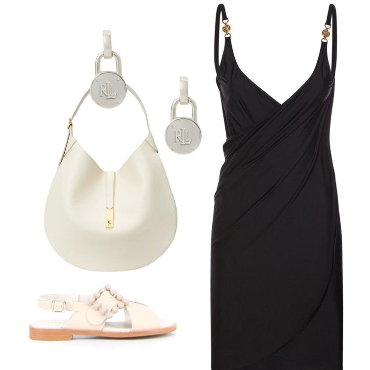 Outfit donna - Nero di sera. Stile Chic per Serata fuori. Abbinamento con orecchini, borse a spalla, vestiti, sandali.