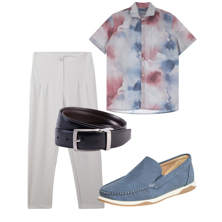 Outfit uomo - Agosto. Stile Casual per Tutti i giorni. Abbinamento con scarpe stringate, pantaloni chino, camicie a manica corta, cinture.