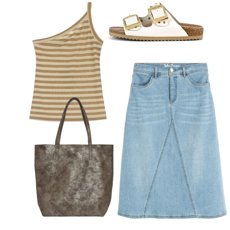 Outfit donna - Monospalla a righe. Stile Casual per Tutti i giorni. Abbinamento con gonne, borse tote, top, sandali.
