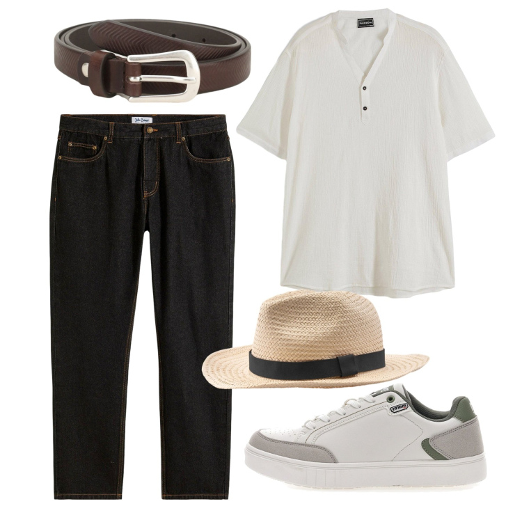 Outfit uomo - Agosto in città. Stile Casual per Tutti i giorni. Abbinamento con jeans dritti, camicie, cinture, sneakers, cappelli.