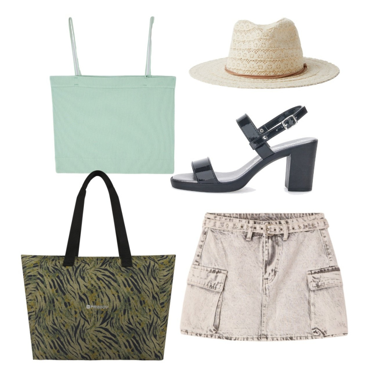 Outfit donna - In vacanza. Stile Casual chic per Tutti i giorni. Abbinamento con canottiere, cappelli, minigonne, shopping bag, sandali col tacco.