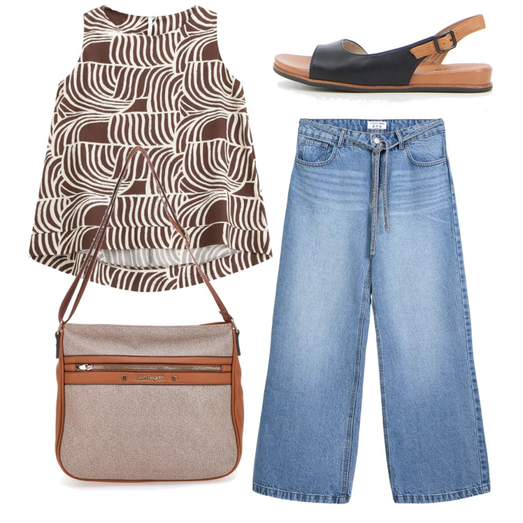 Outfit donna - Jeans e top. Stile Casual per Tutti i giorni. Abbinamento con jeans, top, sandali, borse a tracolla.