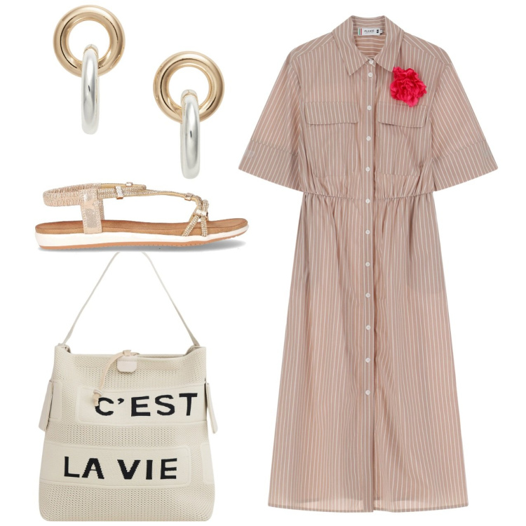 Outfit donna - Un fiore rosso. Stile Bon Ton per Ufficio. Abbinamento con borse a mano, vestiti, orecchini, sandali in pelle.