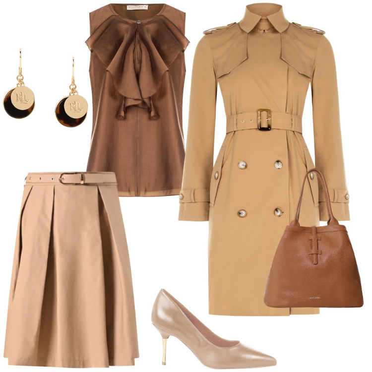 Outfit donna - Total look #2221611. Stile Bon Ton per Ufficio. Abbinamento con décolleté, gonne longuette, trench, bluse, borse tote, orecchini.