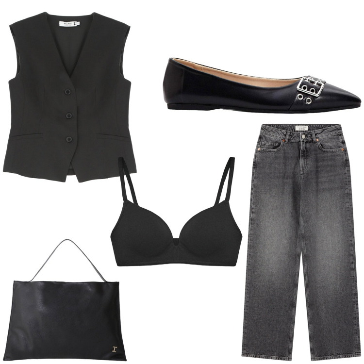 Outfit donna - The art of monochrome. Stile Urban per Tutti i giorni. Abbinamento con ballerine, jeans, reggiseni, gilet, borse a spalla.