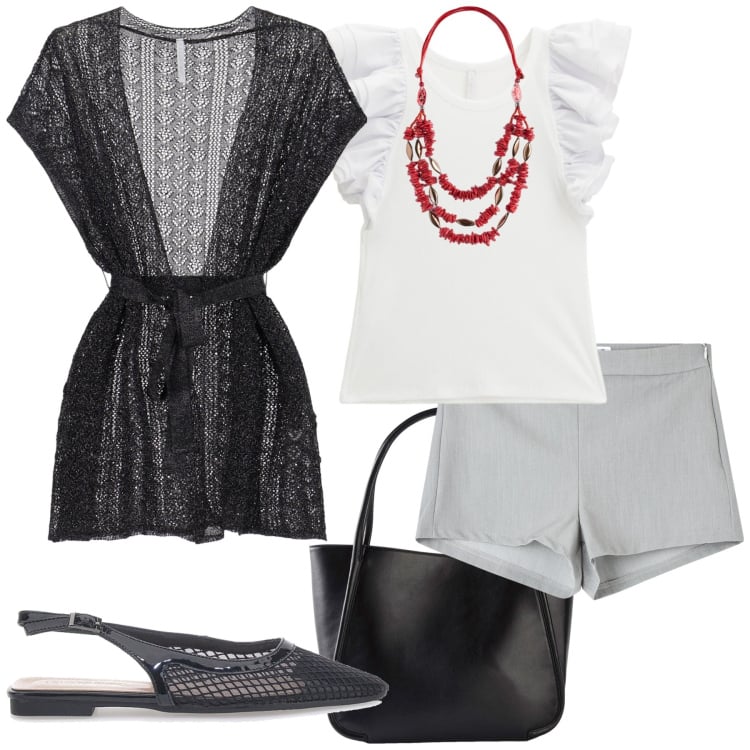 Outfit donna - Total look #2221623. Stile Glamour per Tutti i giorni. Abbinamento con shopping bag, pantaloni corti, cappotti, top, ballerine, collane.