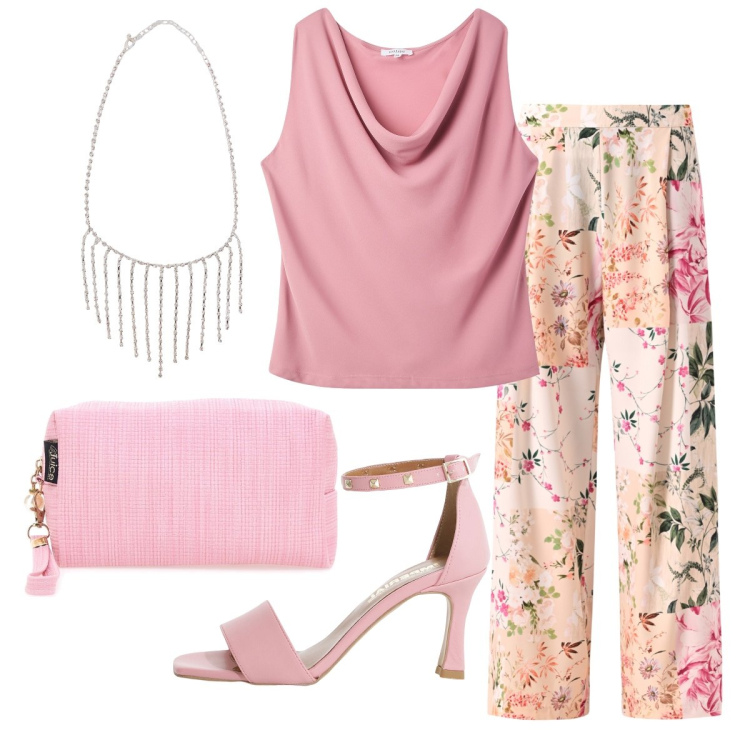 Outfit donna - I pantaloni in fantasia floreale. Stile Bon Ton per Serata fuori. Abbinamento con canottiere, collane, pantaloni, sandali col tacco, valigie.