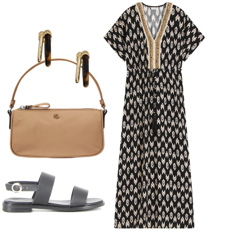 Outfit donna - Etnico. Stile Etnico per Tutti i giorni. Abbinamento con vestiti lunghi, orecchini, pochette, sandali.