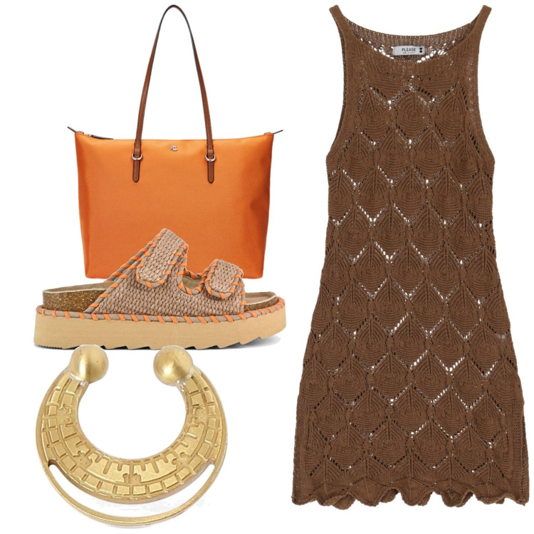 Outfit donna - Crochet marrone. Stile Chic per Tutti i giorni. Abbinamento con vestiti corti, borse tote, sandali, orecchini.
