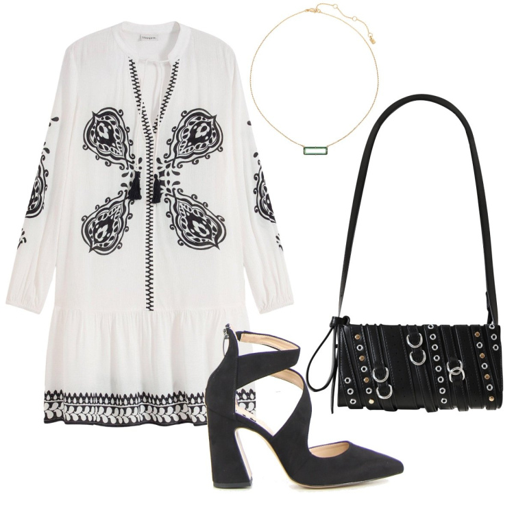 Outfit donna - Etnico moderno. Stile Etnico per Serata fuori. Abbinamento con vestiti, borse a spalla, collane, sandali in pelle.