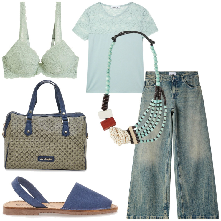 Outfit donna - Total look #2221638. Stile Casual per Tutti i giorni. Abbinamento con reggiseni, jeans, t-shirt, sandali, borse a spalla, collane.