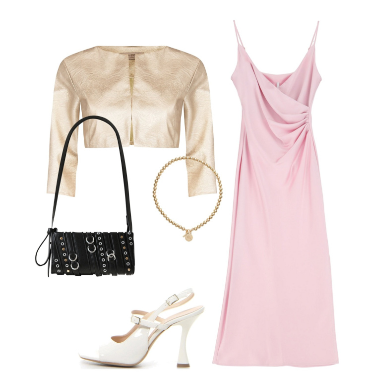 Outfit donna - Romantico oro e rosa. Stile Glamour per Serata fuori. Abbinamento con bolero, borse a spalla, vestiti midi/longuette, collane, sandali col tacco.