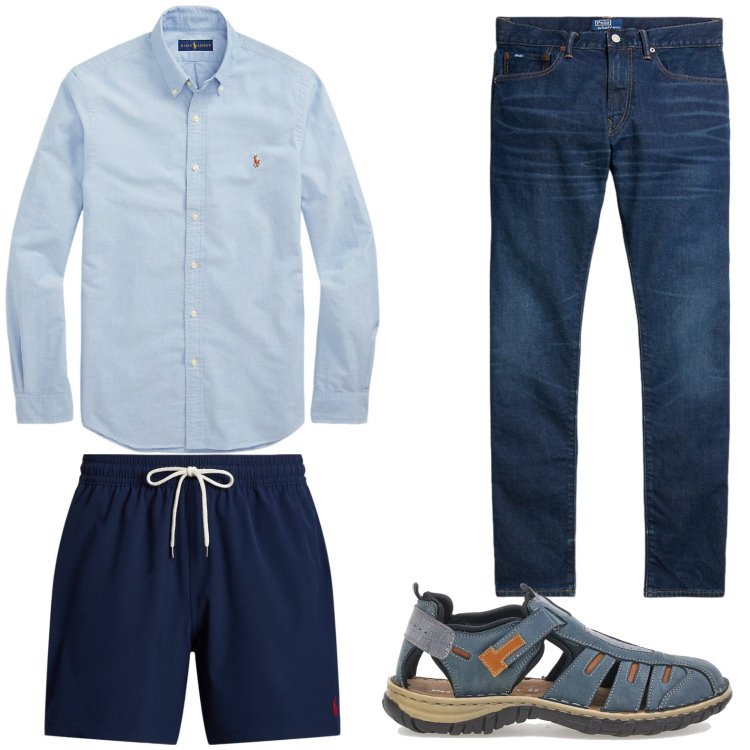 Outfit uomo - Costumi da bagno minimal chic. Stile Trendy per Mare. Abbinamento con camicie, costumi, jeans, sandali.