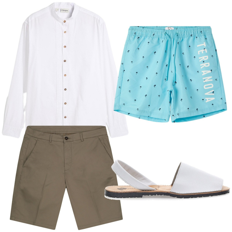 Outfit uomo - Costumi da bagno minimal chic. Stile Casual per Mare. Abbinamento con camicie, costumi, sandali, bermuda.