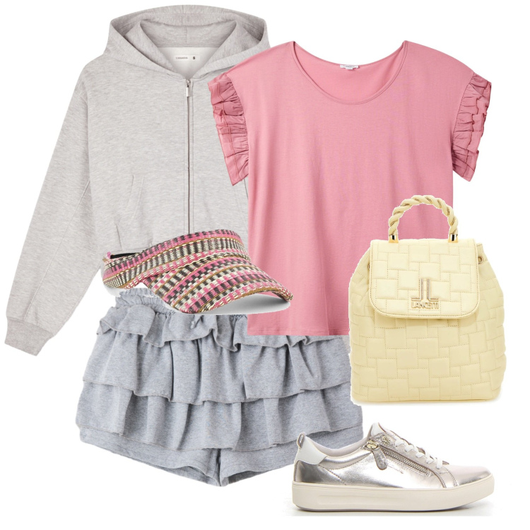 Outfit donna - Sportivo, ma non troppo. Stile Sporty chic per Tutti i giorni. Abbinamento con shorts, felpe con cappuccio, t-shirt, zaini, cappelli con visiera, sneakers.