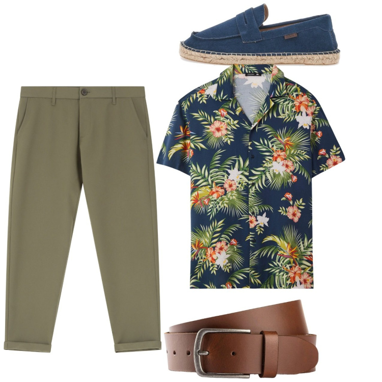 Outfit uomo - Fiori tropicali. Stile Casual per Tutti i giorni. Abbinamento con cinture, camicie a manica corta, pantaloni chino, espadrillas.