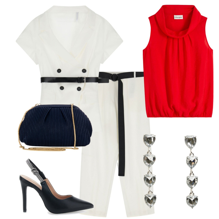 Outfit donna - Tocco di rosso. Stile Casual chic per Serata fuori. Abbinamento con top, orecchini, pochette, pantaloni, blazer, décolleté.