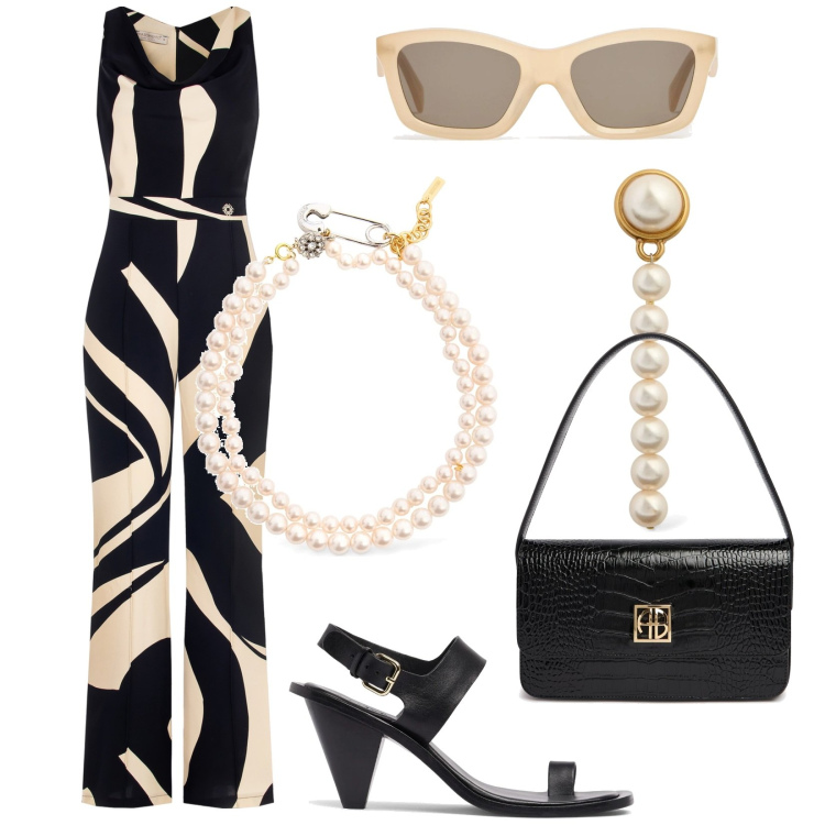 Outfit donna - Total look #2221674. Stile Chic per Cerimonia. Abbinamento con tute, sandali in pelle, occhiali da sole, borse a spalla, orecchini, collane.