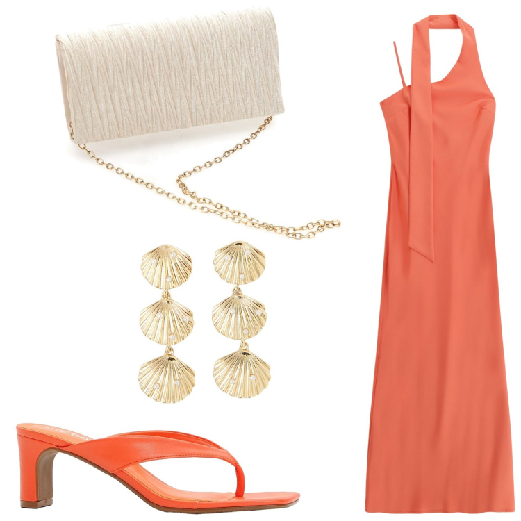 Outfit donna - Cena elegante al tramonto in riva al mar. Stile Chic per Mare. Abbinamento con infradito, orecchini, vestiti lunghi, borse a spalla.