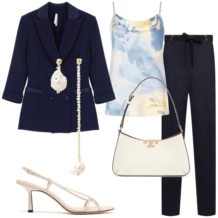 Outfit donna - Total look #2221676. Stile Bon Ton per Ufficio. Abbinamento con blazer, top, sandali in pelle, orecchini, borse a spalla, pantaloni.