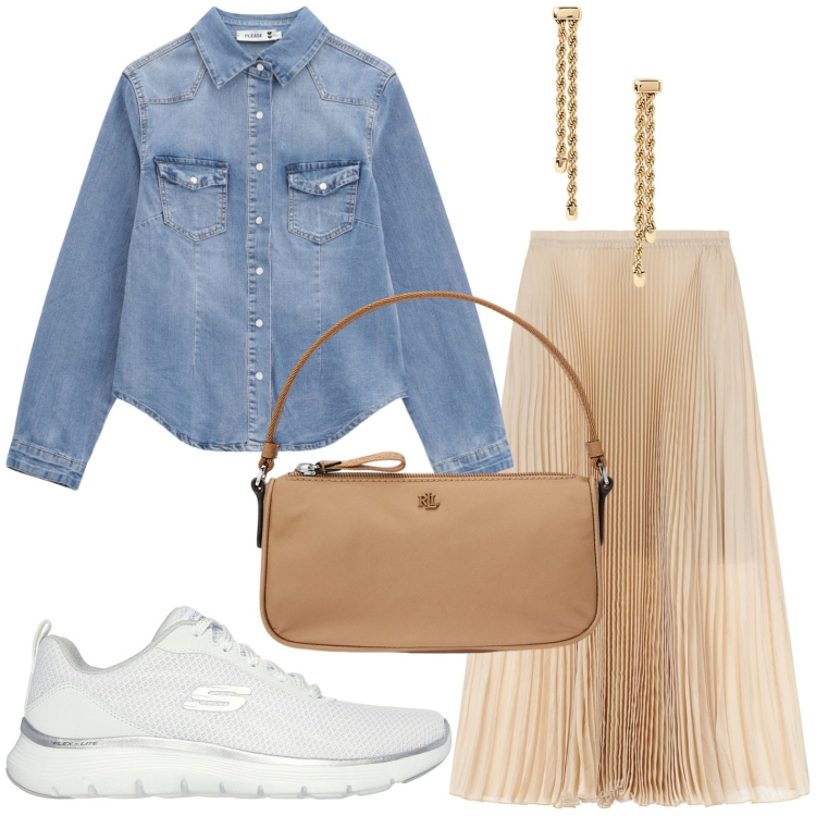 Outfit donna - Denim e tulle per il giorno. Stile Glamour per Tutti i giorni. Abbinamento con camicie, gonne lunghe, orecchini, pochette, sneakers.