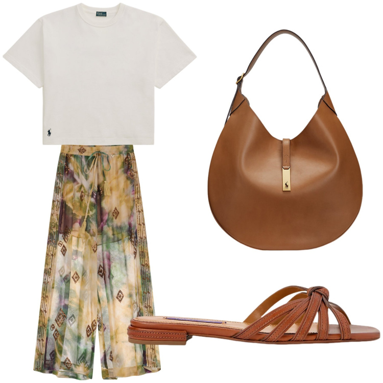 Outfit donna - Aperitivo. Stile Trendy per Tutti i giorni. Abbinamento con pantaloni a palazzo, sandali in pelle, borse a spalla, t-shirt.