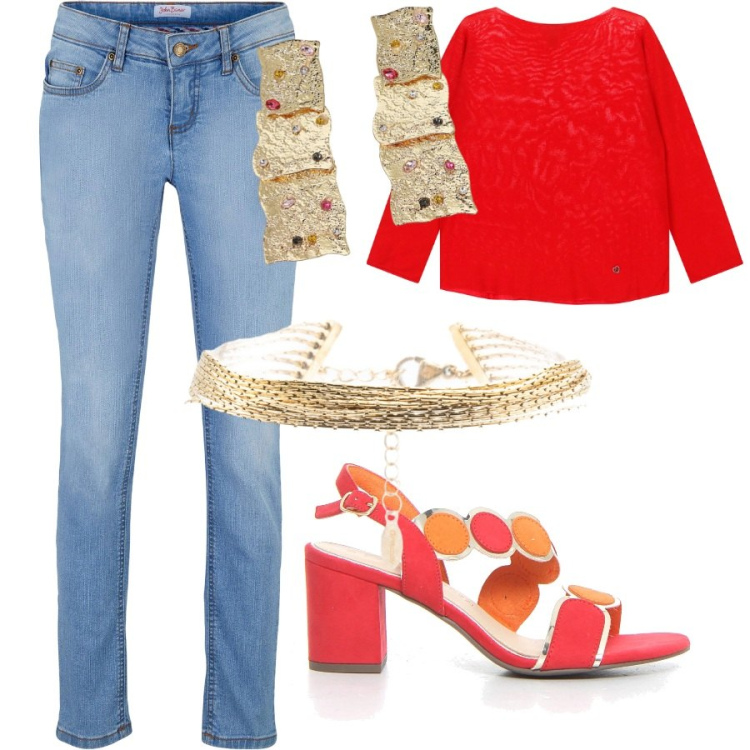 Outfit donna - Sogni d\'estate. Stile Casual per Tutti i giorni. Abbinamento con jeans skinny, pullovers, braccialetti, orecchini, sandali col tacco.