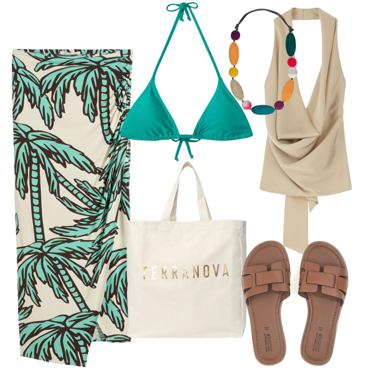 Outfit donna - Al mare. Stile Casual chic per Mare. Abbinamento con gonne, borse tote, bikini, top, collane, ciabatte.