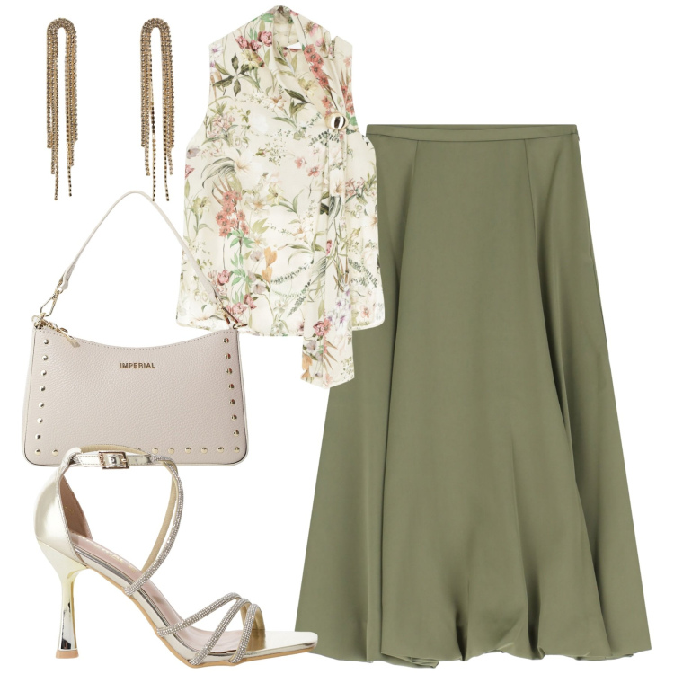Outfit donna - Agosto. Stile Urban per Tutti i giorni. Abbinamento con orecchini, top, gonne longuette, borse a spalla, sandali col tacco.