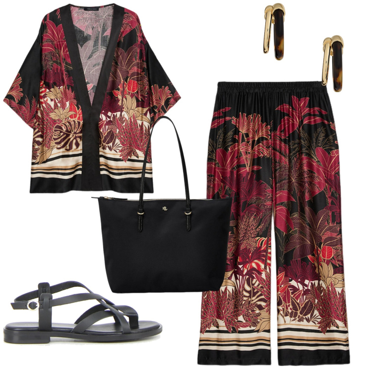 Outfit donna - Fiorella Rubino. Stile Glamour per Mare. Abbinamento con borse tote, orecchini, pantaloni, kimono, sandali.