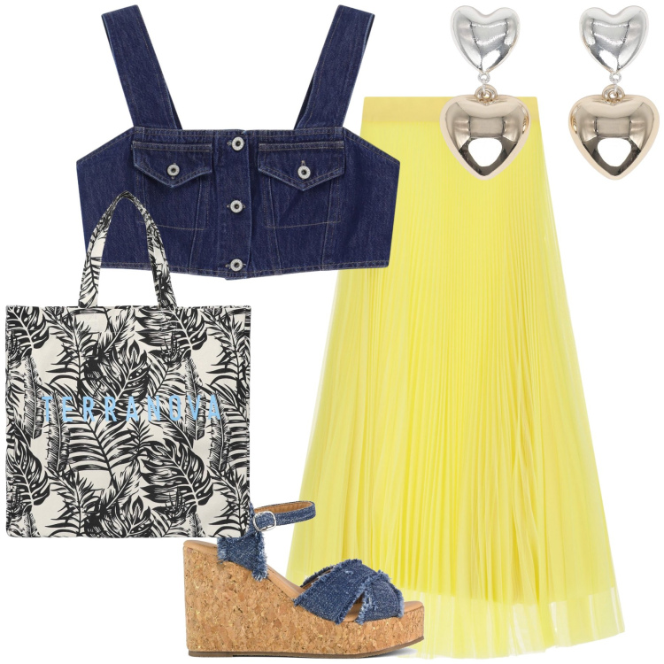 Outfit donna - A spasso per il centro. Stile Trendy per Tutti i giorni. Abbinamento con borse tote, orecchini, top, gonne lunghe, zeppe.