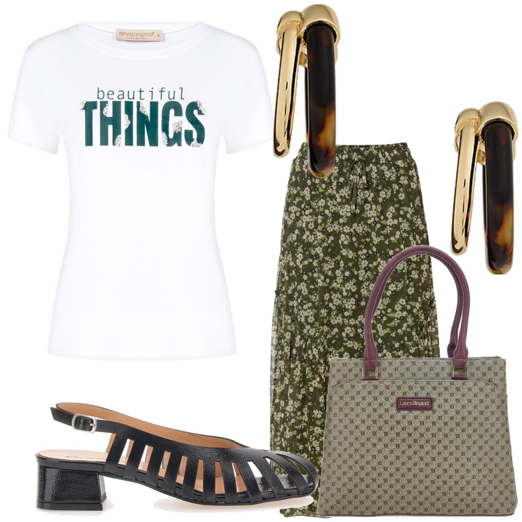 Outfit donna - My office with beautiful things. Stile Trendy per Ufficio. Abbinamento con gonne, t-shirt, orecchini, décolleté, borse a spalla.