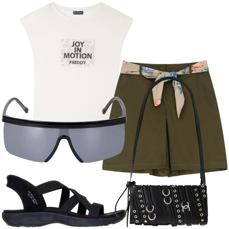 Outfit donna - Joy. Stile Trendy per Tutti i giorni. Abbinamento con borse a spalla, shorts, t-shirt, sandali col tacco, occhiali da sole.