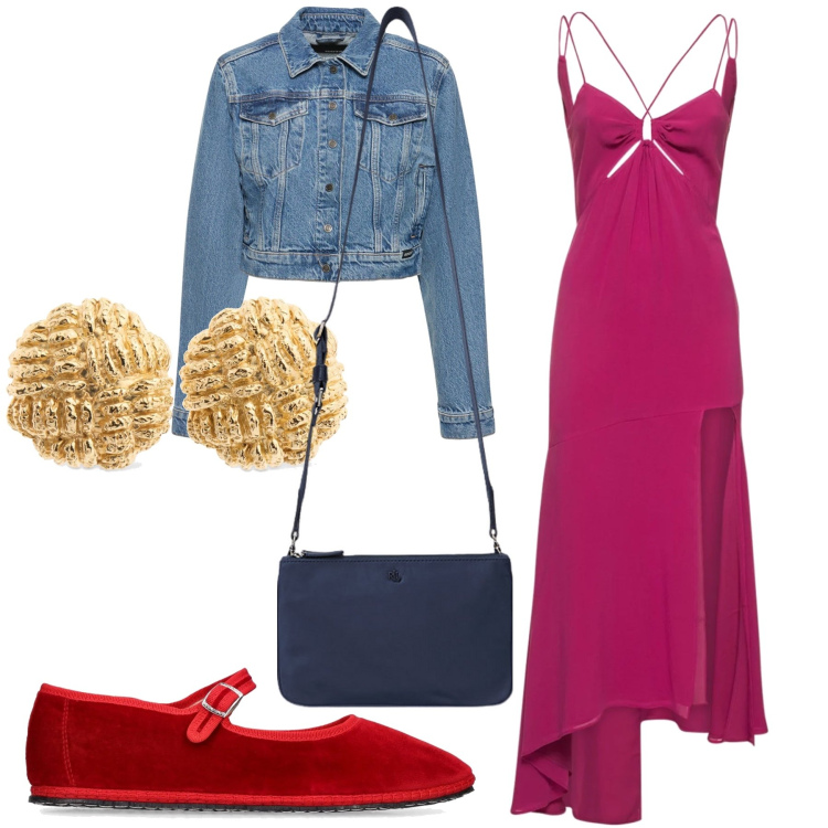 Outfit donna - Un giubbino per fine agosto. Stile Trendy per Serata fuori. Abbinamento con borse a tracolla, vestiti midi/longuette, ballerine, orecchini, blazer.