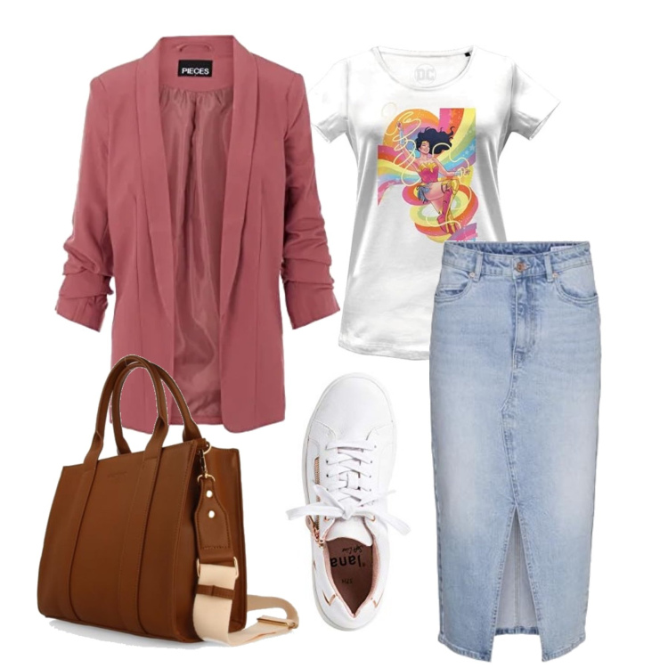 Outfit femme - Août. Style Casual chic pour Tous les jours. Assortir avec jupes au genou, t-shirts, blazers, sneakers, sacs en bandoulière.