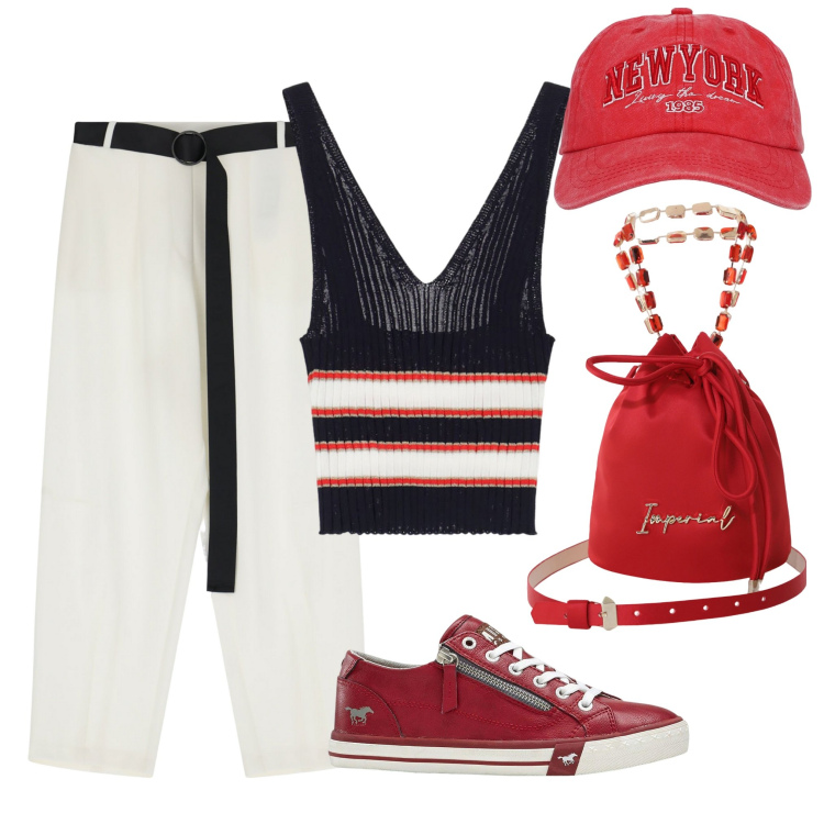 Outfit donna - Un giorno in estate. Stile Sporty chic per Tutti i giorni. Abbinamento con sneakers, cappelli, top, borse a secchiello, pantaloni.