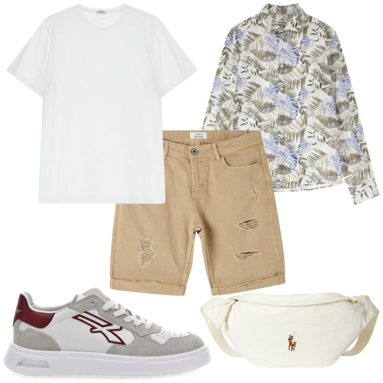 Outfit uomo - Una camicia hawaiana e sei in vacanza. Stile Trendy per Tutti i giorni. Abbinamento con bermuda, camicie, t-shirt, borse sportive, sneakers.
