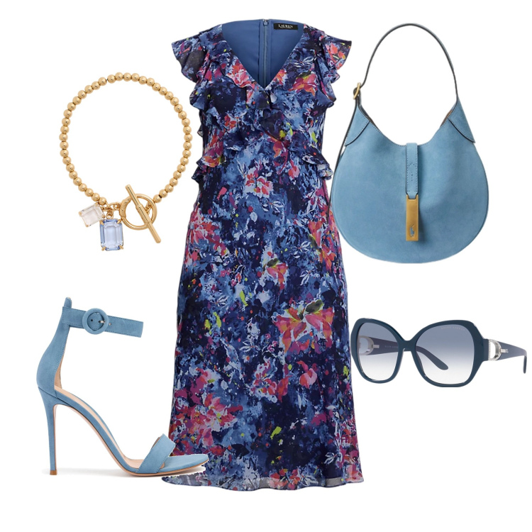 Outfit donna - Con i tacchi alti. Stile Chic per Tutti i giorni. Abbinamento con occhiali da sole, borse a spalla, braccialetti, vestiti, sandali in pelle.