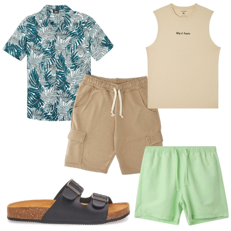 Outfit uomo - Camicia hawaiana per il mare. Stile Trendy per Mare. Abbinamento con camicie a manica corta, canottiere, costumi, pantaloni corti, sandali.