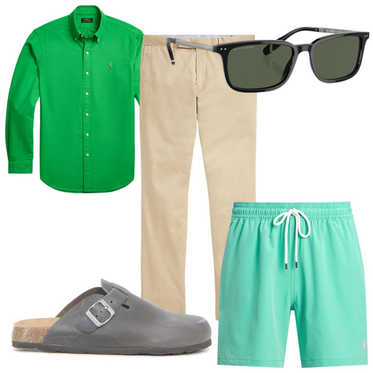 Outfit uomo - Costumi da bagno per un\'estate chic. Stile Trendy per Mare. Abbinamento con occhiali da sole, pantaloni chino, camicie, costumi, sandali.