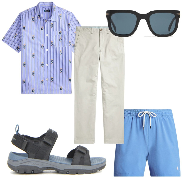 Outfit uomo - Costumi da bagno chic e alla moda. Stile Trendy per Mare. Abbinamento con costumi, pantaloni, camicie a manica corta, occhiali da sole, sandali.