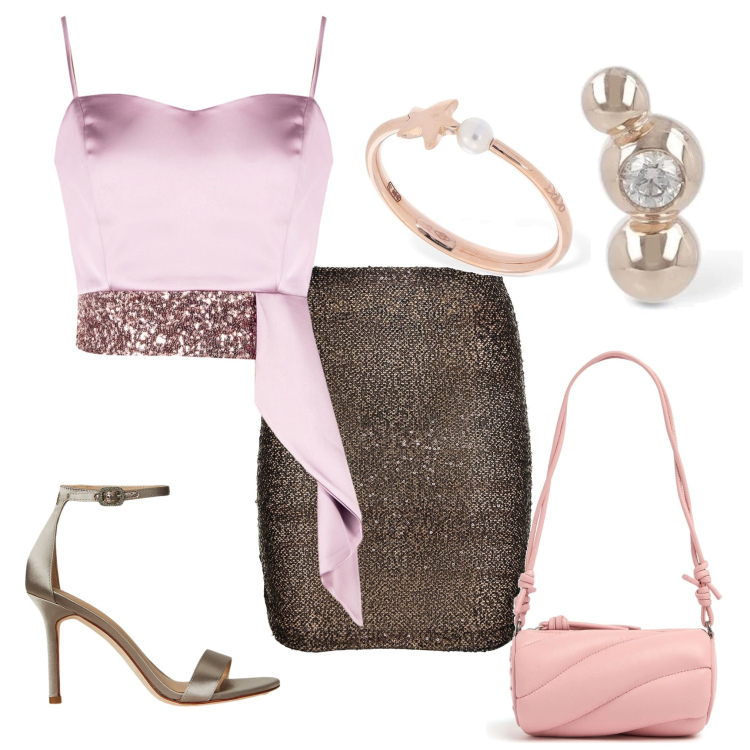 Outfit donna - Con i tacchi alti 2. Stile Glamour per Serata fuori. Abbinamento con top, sandali col tacco, anelli, orecchini, minigonne, borse a spalla.