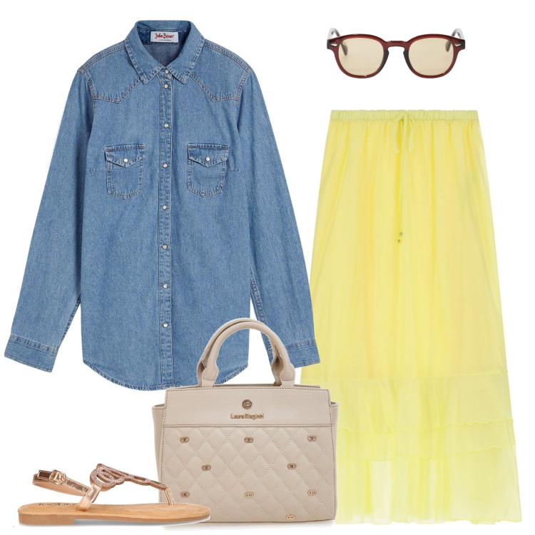 Outfit donna - Denim &tulle. Stile Casual chic per Tutti i giorni. Abbinamento con camicie, occhiali da sole, gonne lunghe, borse a mano, sandali in pelle.