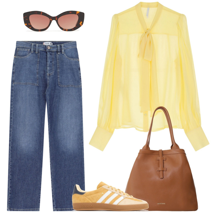 Outfit donna - Tulle e sneakers. Stile Trendy per Ufficio. Abbinamento con jeans dritti, camicie, borse tote, sneakers, occhiali da sole.