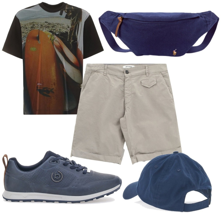 Outfit uomo - In viaggio con la borsa trendy. Stile Trendy per Tutti i giorni. Abbinamento con bermuda, borse sportive, sneakers, cappelli, t-shirt.