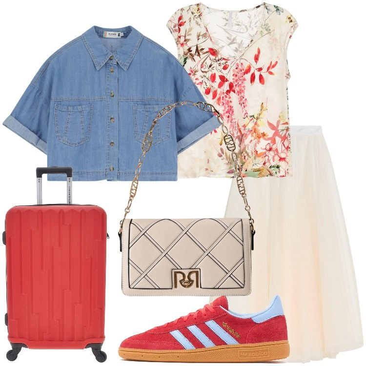 Outfit donna - Denim e tulle per il giorno. Stile Sporty chic per Tutti i giorni. Abbinamento con gonne lunghe, borse a tracolla, camicie a manica corta, top, valigie, sneakers.