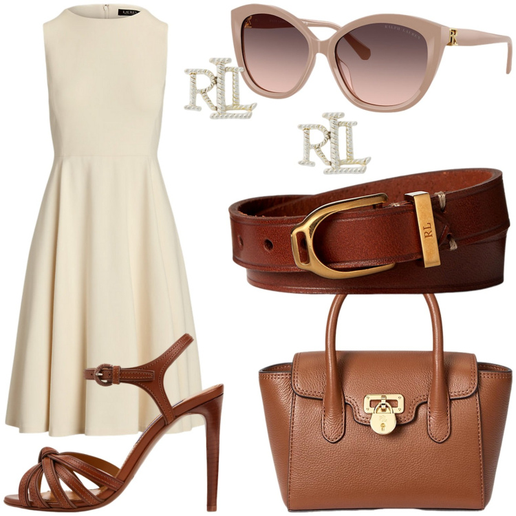 Outfit donna - Lauren. per Ufficio. Abbinamento con vestiti senza maniche, sandali col tacco, borse a mano, orecchini, occhiali da sole, braccialetti.